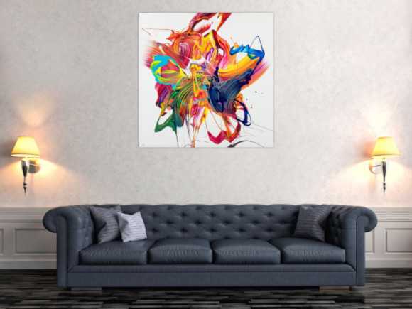 Gemälde Original abstrakt 100x100cm Action Painting zeitgenössisch handgefertigt Mischtechnik bunt weiß rot einzigartig