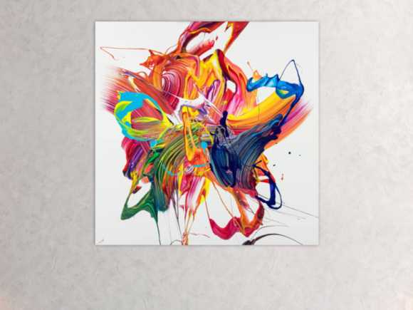 Gemälde Original abstrakt 100x100cm Action Painting zeitgenössisch handgefertigt Mischtechnik bunt weiß rot einzigartig