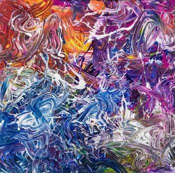 Abstraktes Original Gemälde 100x100cm Action Painting zeitgenössisch handgefertigt Mischtechnik blau violett orange einzigartig