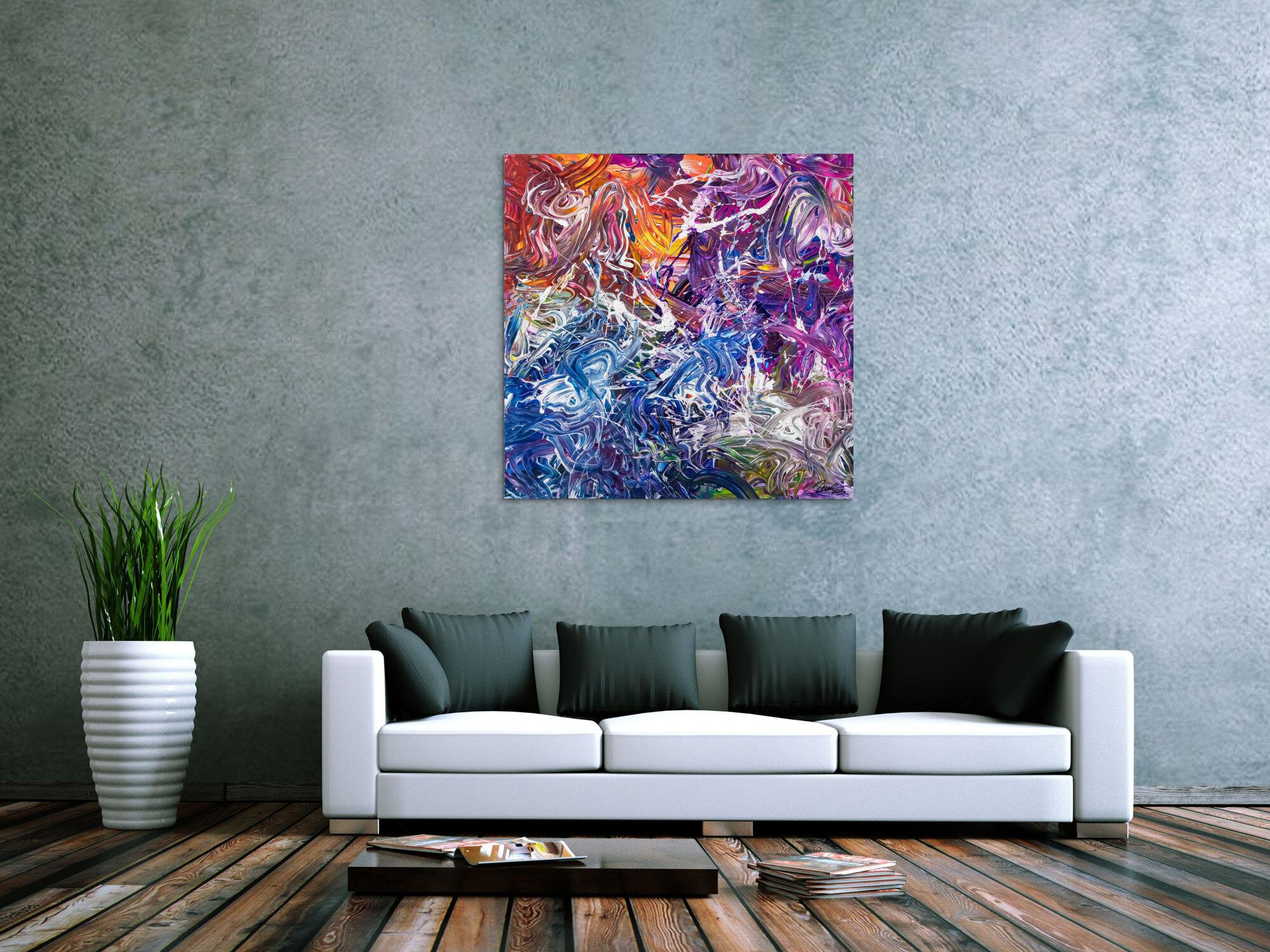 Abstraktes Original Gemälde 100x100cm Action Painting zeitgenössisch handgefertigt Mischtechnik blau violett orange einzigartig