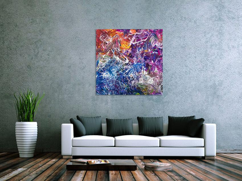 Abstraktes Original Gemälde 100x100cm Action Painting zeitgenössisch handgefertigt Mischtechnik blau violett orange einzigartig