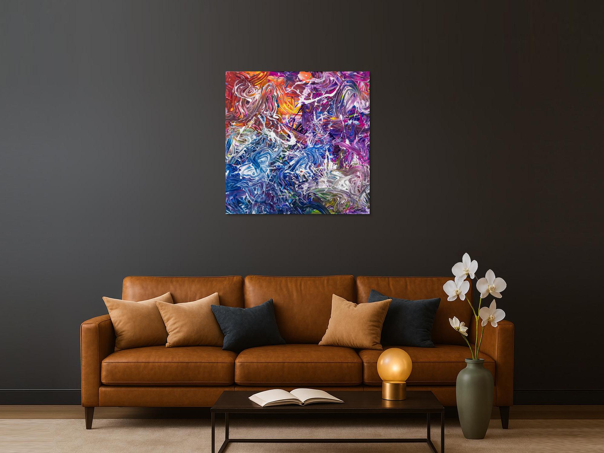 Abstraktes Original Gemälde 100x100cm Action Painting zeitgenössisch handgefertigt Mischtechnik blau violett orange einzigartig