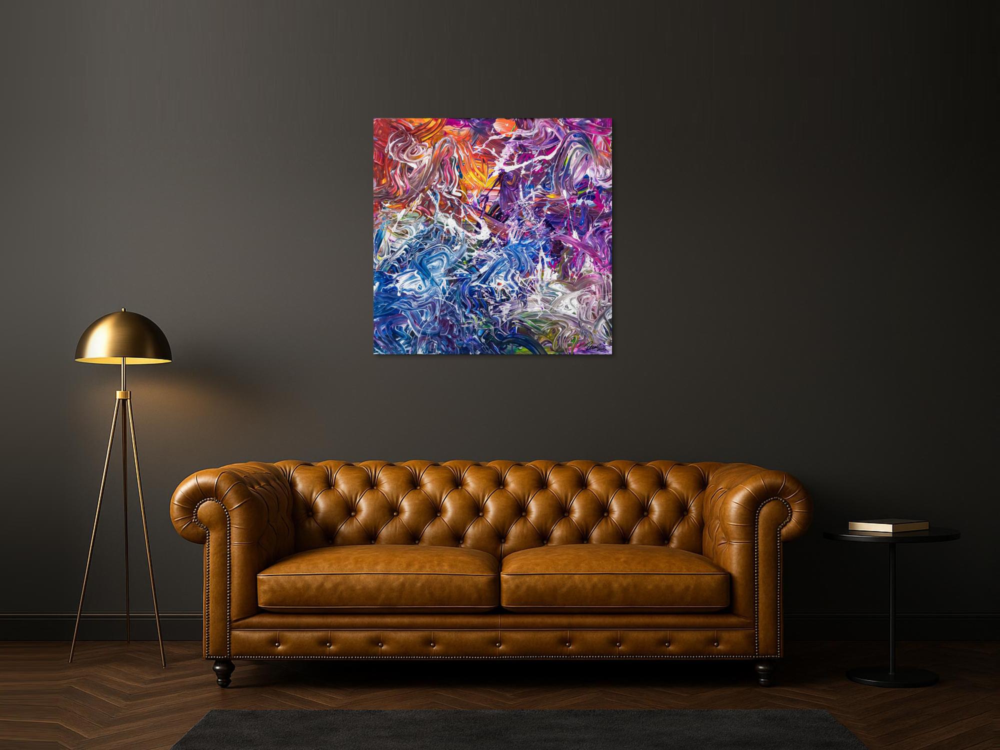 Abstraktes Original Gemälde 100x100cm Action Painting zeitgenössisch handgefertigt Mischtechnik blau violett orange einzigartig