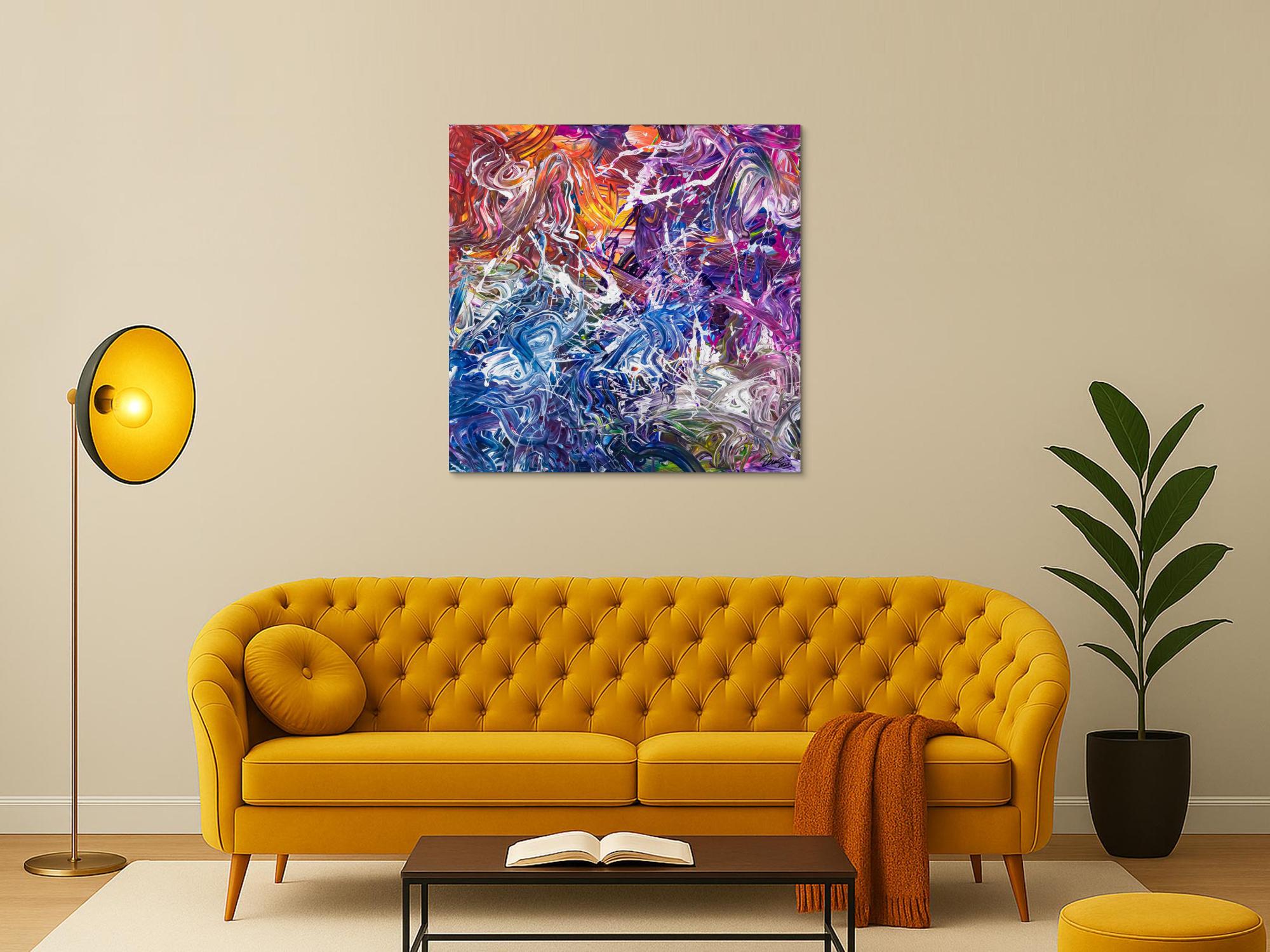 Abstraktes Original Gemälde 100x100cm Action Painting zeitgenössisch handgefertigt Mischtechnik blau violett orange einzigartig