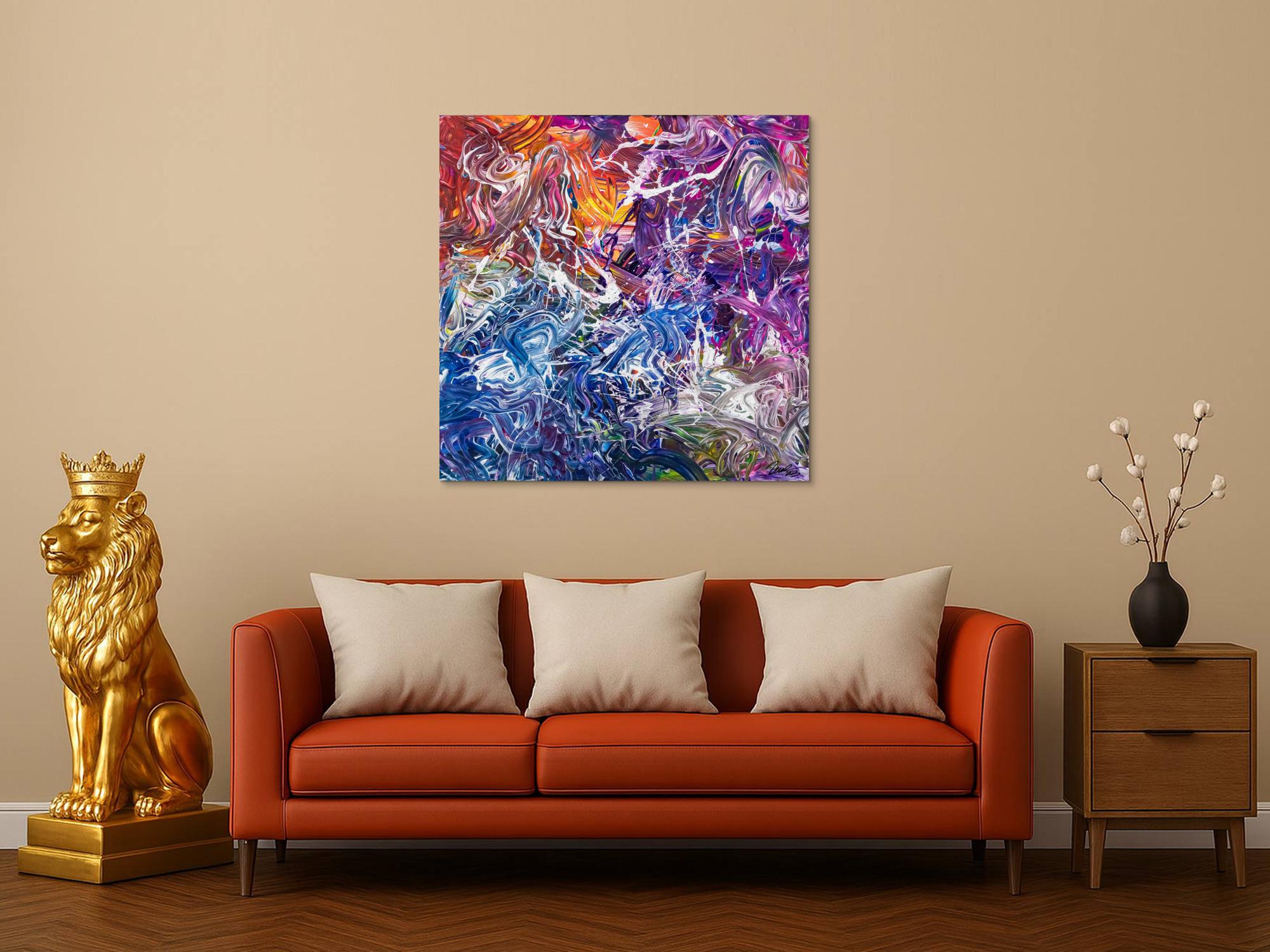 Abstraktes Original Gemälde 100x100cm Action Painting zeitgenössisch handgefertigt Mischtechnik blau violett orange einzigartig