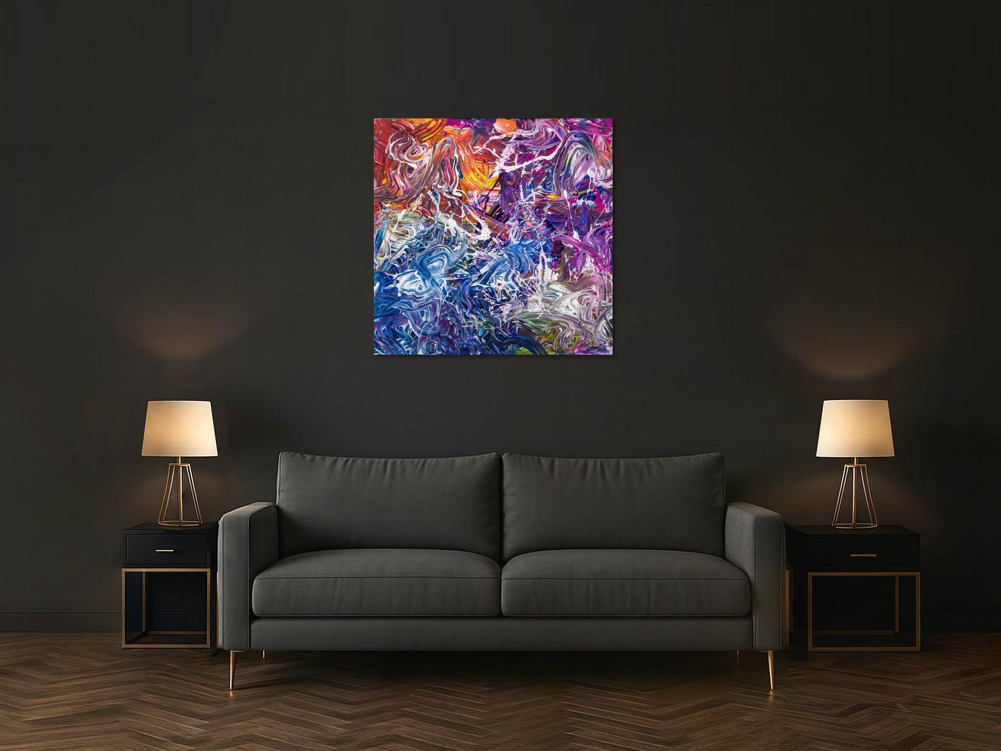 Abstraktes Original Gemälde 100x100cm Action Painting zeitgenössisch handgefertigt Mischtechnik blau violett orange einzigartig