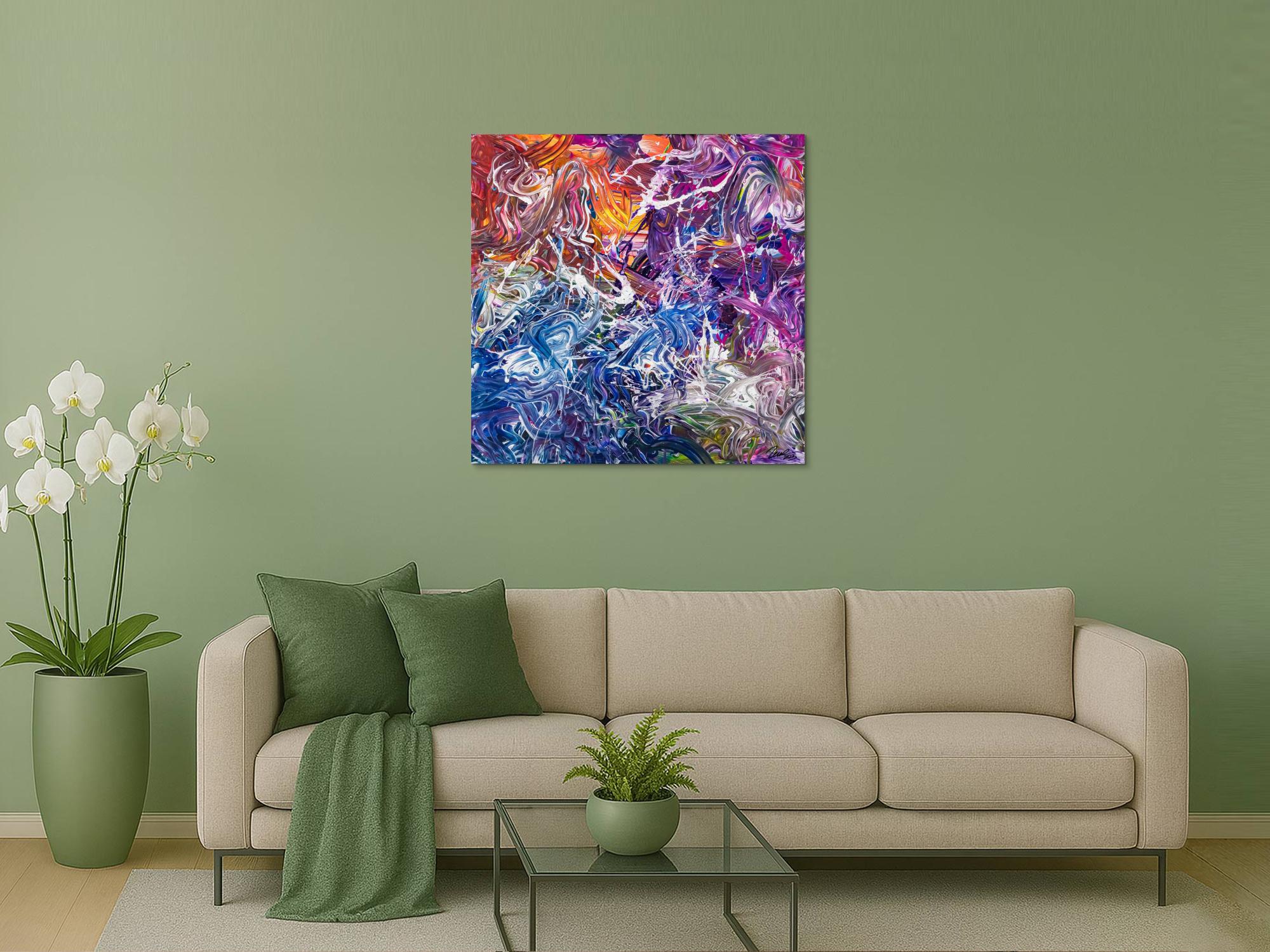 Abstraktes Original Gemälde 100x100cm Action Painting zeitgenössisch handgefertigt Mischtechnik blau violett orange einzigartig