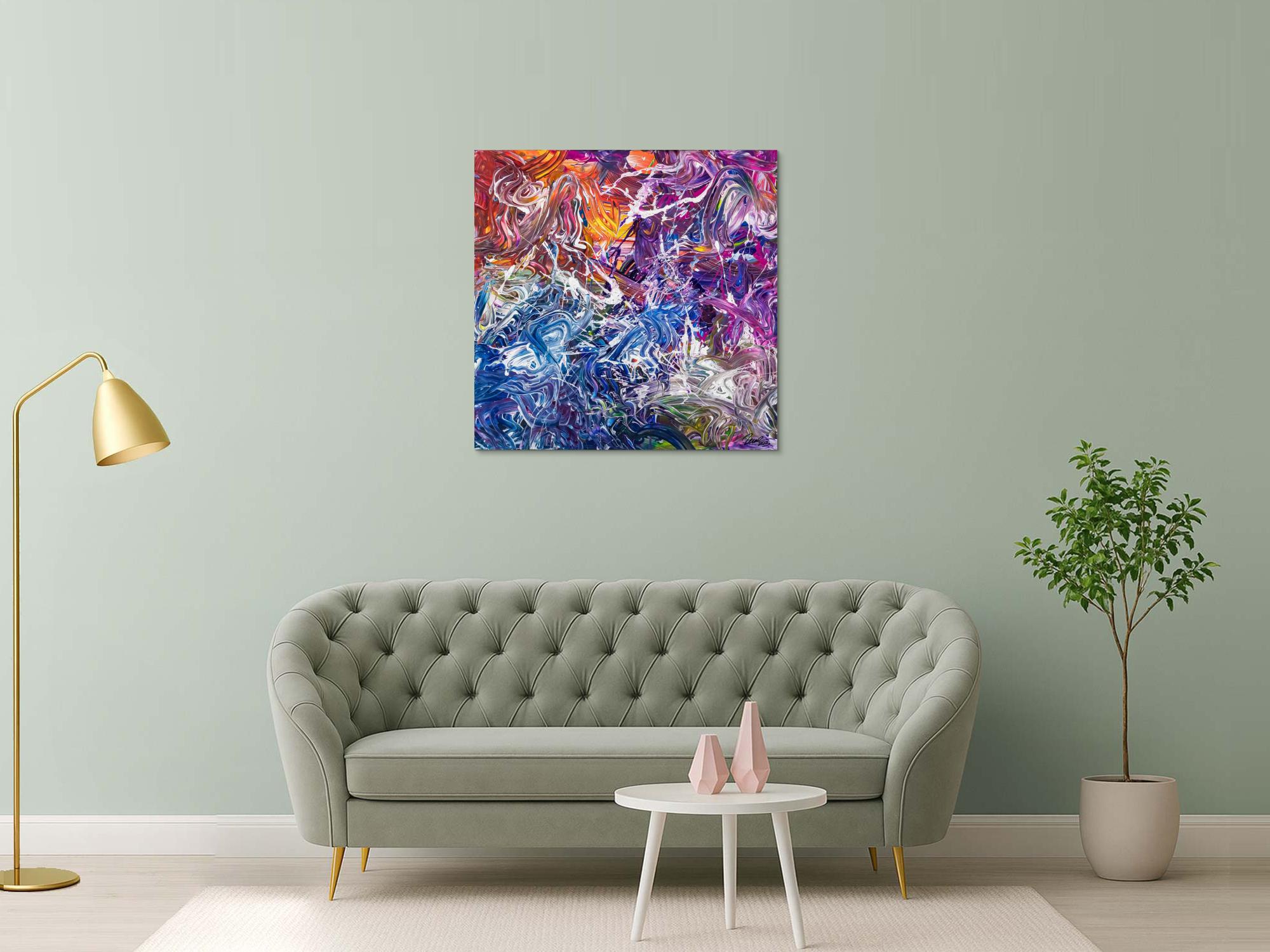 Abstraktes Original Gemälde 100x100cm Action Painting zeitgenössisch handgefertigt Mischtechnik blau violett orange einzigartig