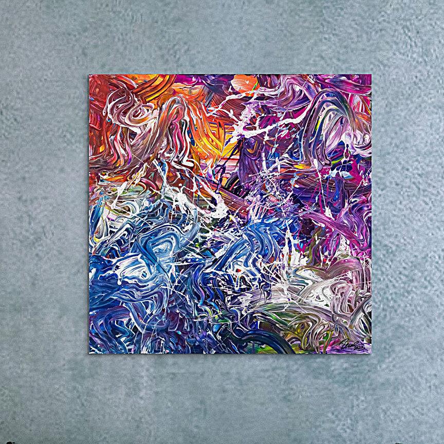 Abstraktes Original Gemälde 100x100cm Action Painting zeitgenössisch handgefertigt Mischtechnik blau violett orange einzigartig