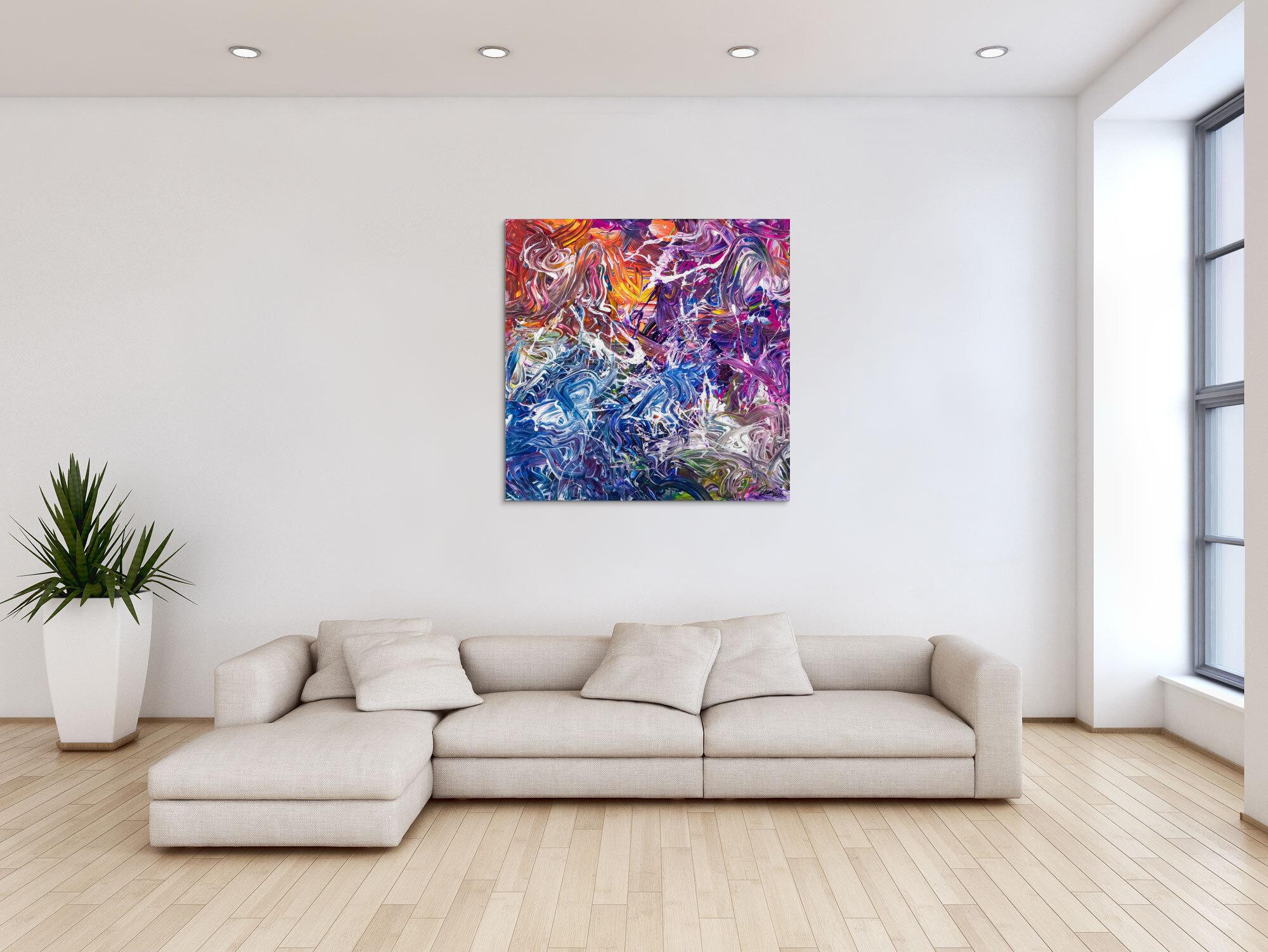 Abstraktes Original Gemälde 100x100cm Action Painting zeitgenössisch handgefertigt Mischtechnik blau violett orange einzigartig