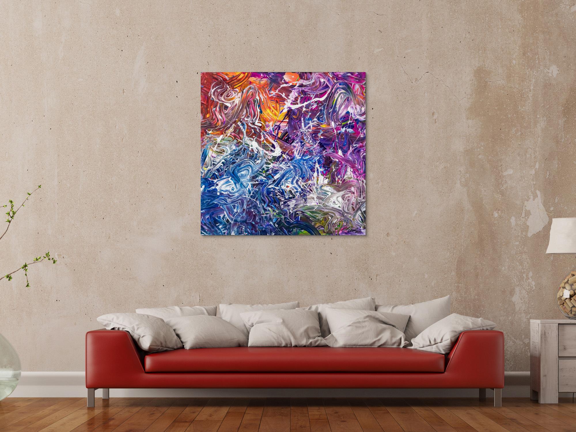 Abstraktes Original Gemälde 100x100cm Action Painting zeitgenössisch handgefertigt Mischtechnik blau violett orange einzigartig