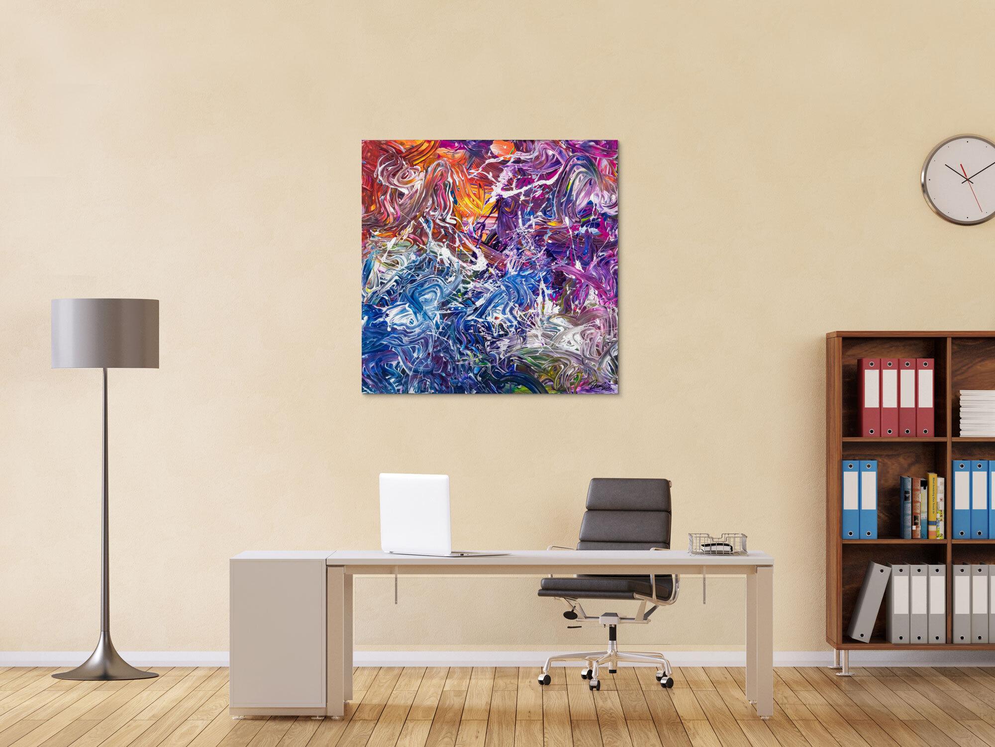 Abstraktes Original Gemälde 100x100cm Action Painting zeitgenössisch handgefertigt Mischtechnik blau violett orange einzigartig