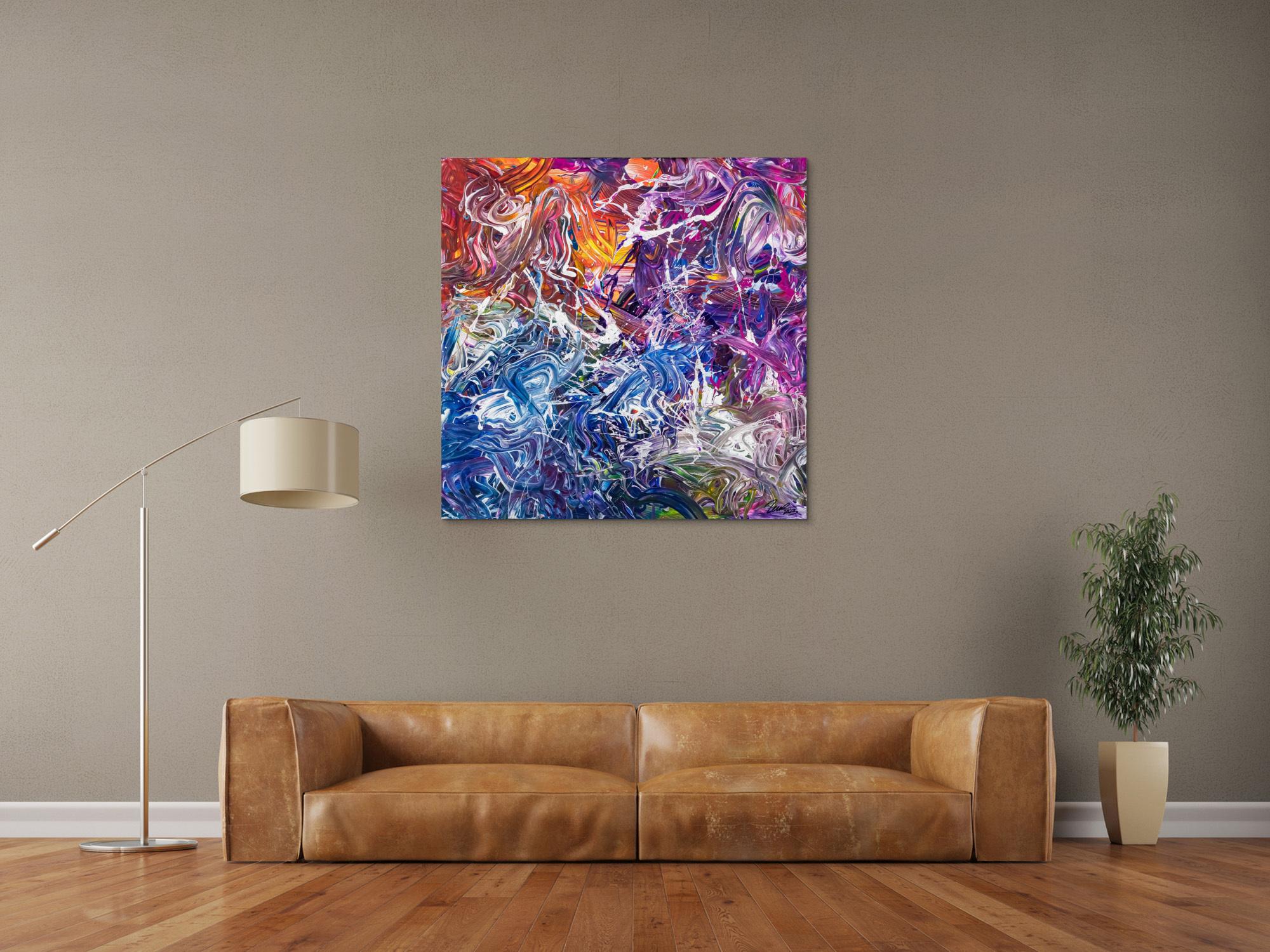 Abstraktes Original Gemälde 100x100cm Action Painting zeitgenössisch handgefertigt Mischtechnik blau violett orange einzigartig