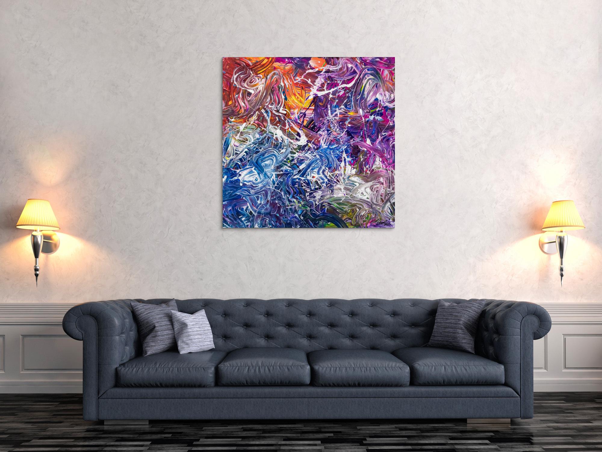 Abstraktes Original Gemälde 100x100cm Action Painting zeitgenössisch handgefertigt Mischtechnik blau violett orange einzigartig