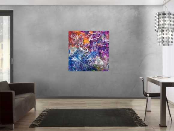 Abstraktes Original Gemälde 100x100cm Action Painting zeitgenössisch handgefertigt Mischtechnik blau violett orange einzigartig