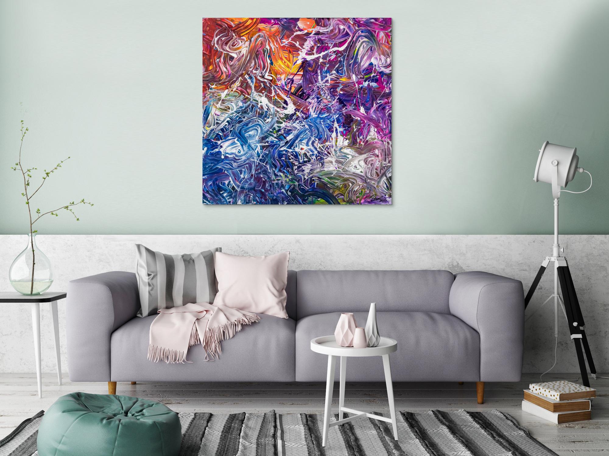 Abstraktes Original Gemälde 100x100cm Action Painting zeitgenössisch handgefertigt Mischtechnik blau violett orange einzigartig