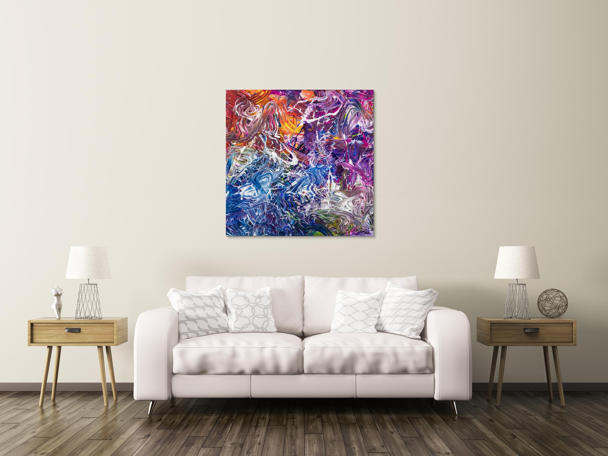 Abstraktes Original Gemälde 100x100cm Action Painting zeitgenössisch handgefertigt Mischtechnik blau violett orange einzigartig