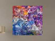 Abstraktes Original Gemälde 100x100cm Action Painting zeitgenössisch handgefertigt Mischtechnik blau violett orange einzigartig
