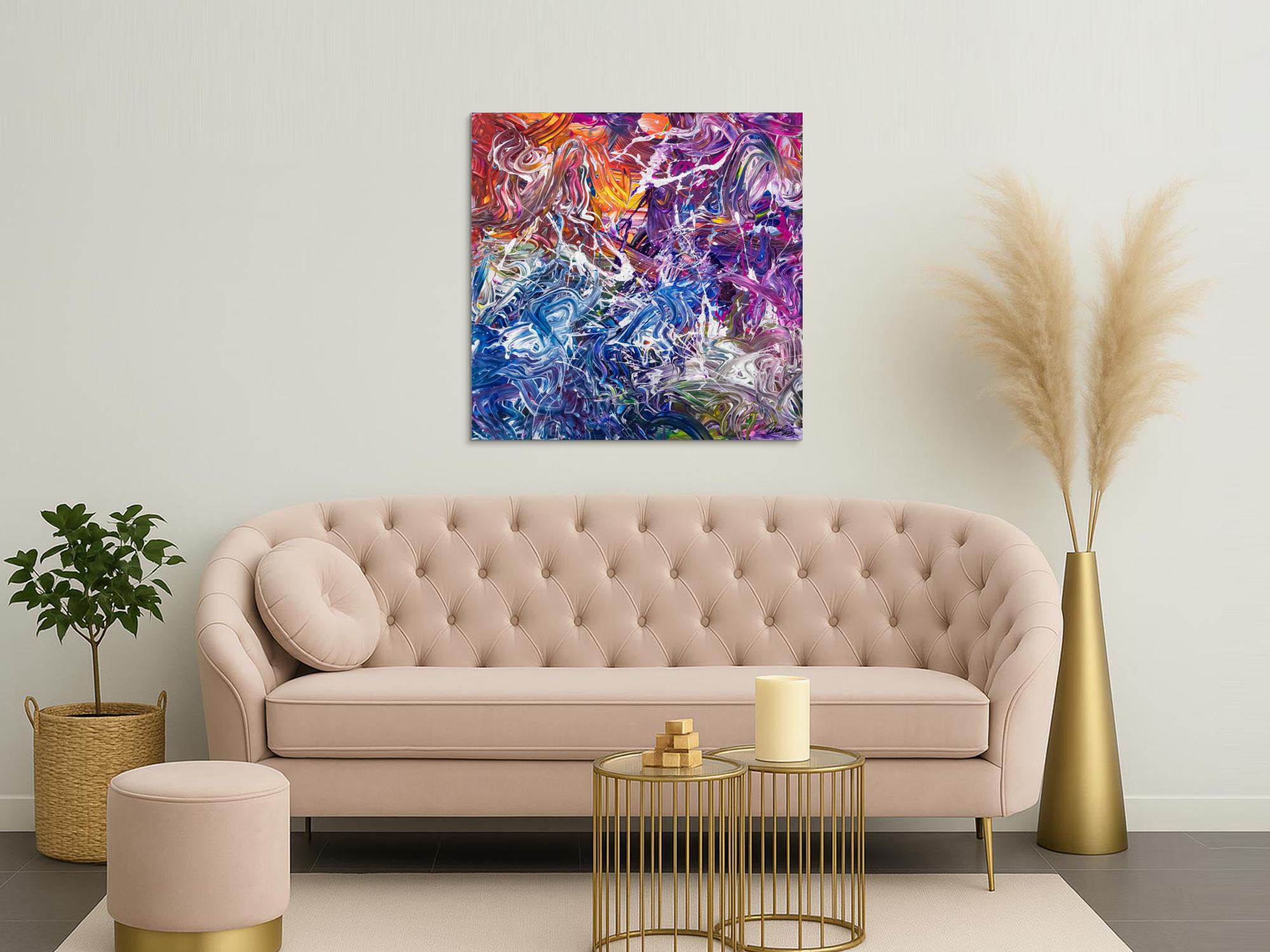 Abstraktes Original Gemälde 100x100cm Action Painting zeitgenössisch handgefertigt Mischtechnik blau violett orange einzigartig