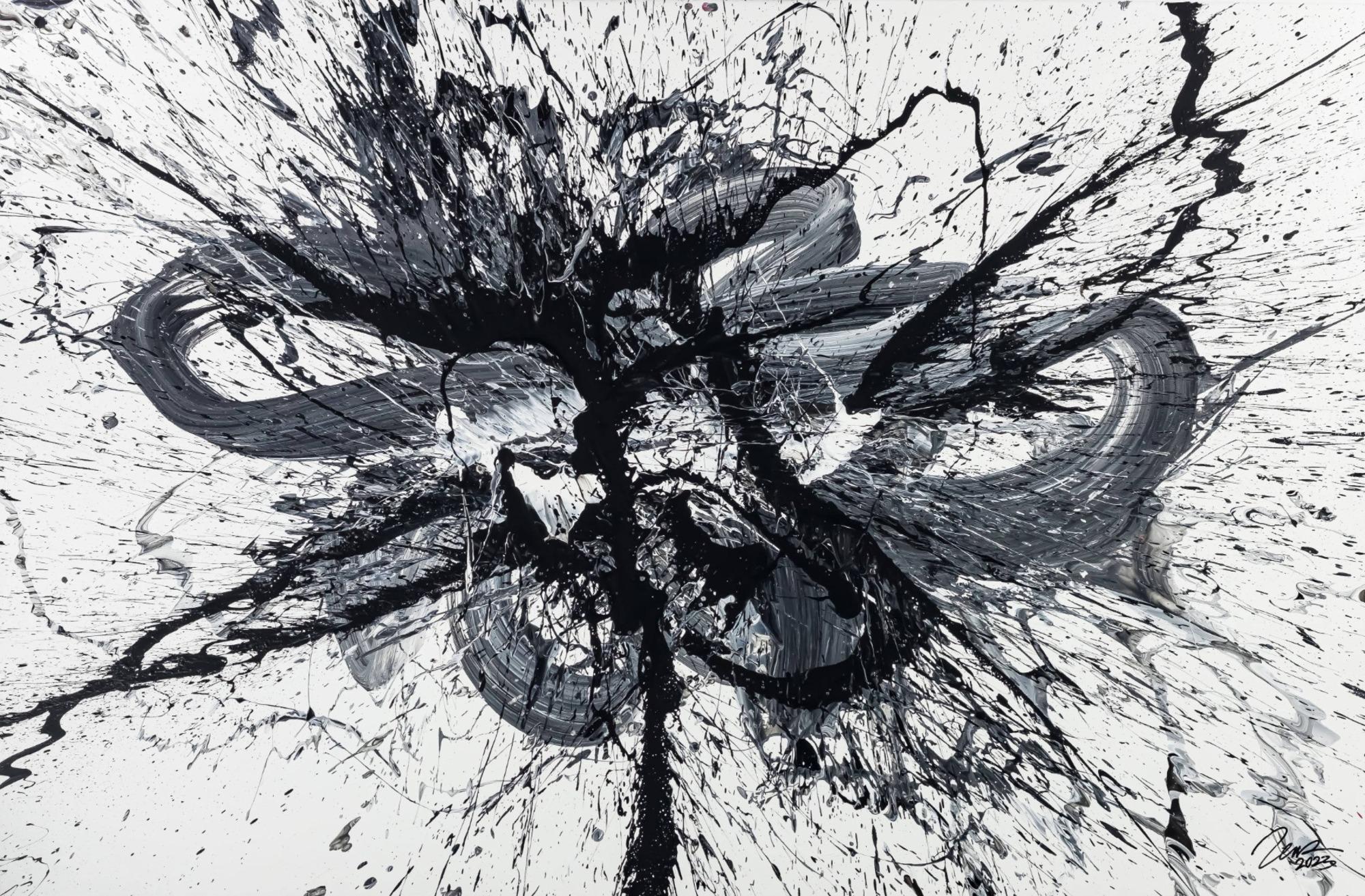 Gemälde Original abstrakt 130x200cm Minimalistisch Modern Art handgemalt Action Painting schwarz weiss weiß schwarz Unikat