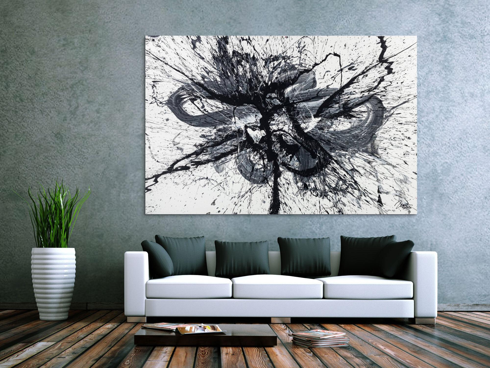 Gemälde Original abstrakt 130x200cm Minimalistisch Modern Art handgemalt Action Painting schwarz weiss weiß schwarz Unikat