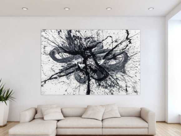 Gemälde Original abstrakt 130x200cm Minimalistisch Modern Art handgemalt Action Painting schwarz weiss weiß schwarz Unikat