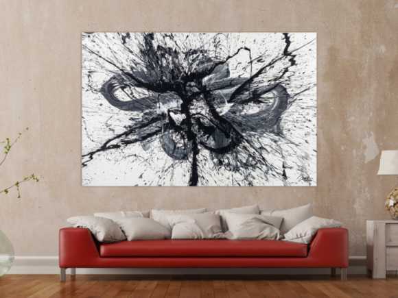 Gemälde Original abstrakt 130x200cm Minimalistisch Modern Art handgemalt Action Painting schwarz weiss weiß schwarz Unikat