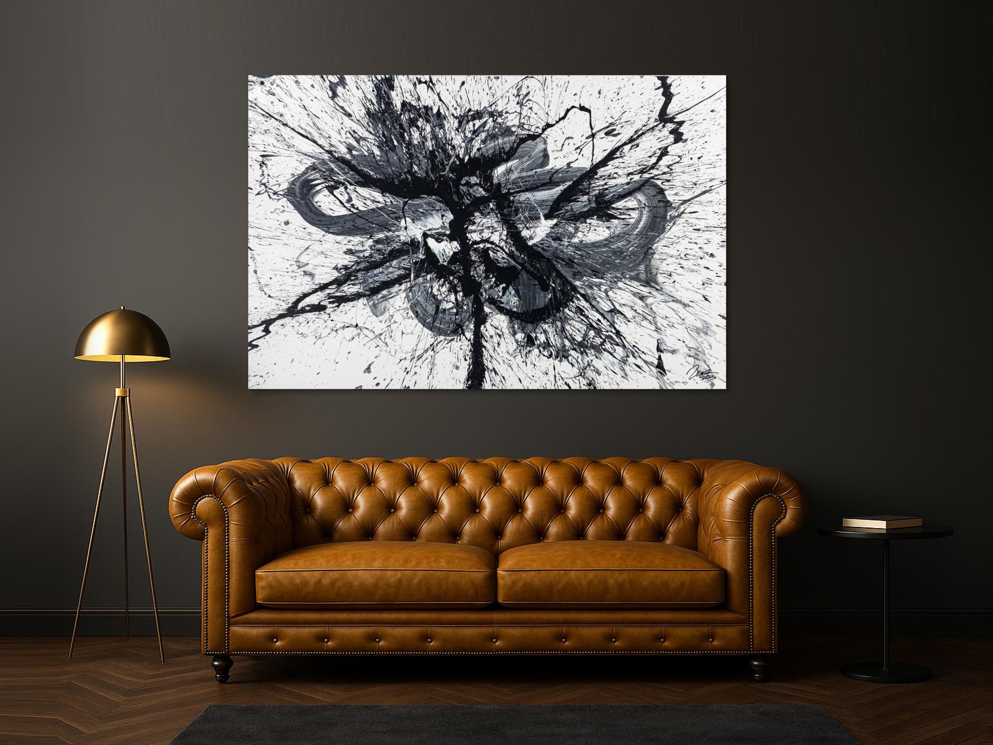 Gemälde Original abstrakt 130x200cm Minimalistisch Modern Art handgemalt Action Painting schwarz weiss weiß schwarz Unikat