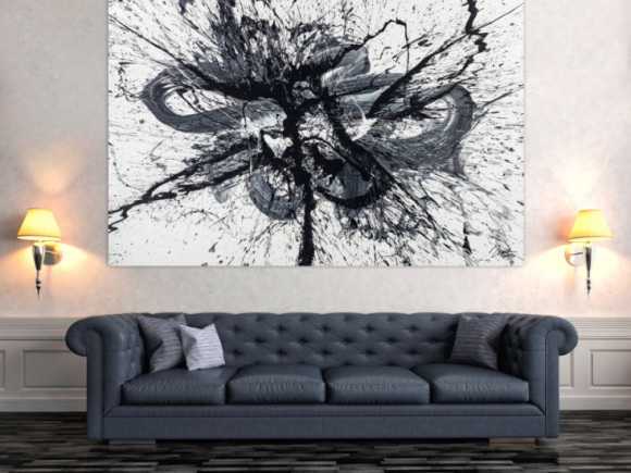 Gemälde Original abstrakt 130x200cm Minimalistisch Modern Art handgemalt Action Painting schwarz weiss weiß schwarz Unikat
