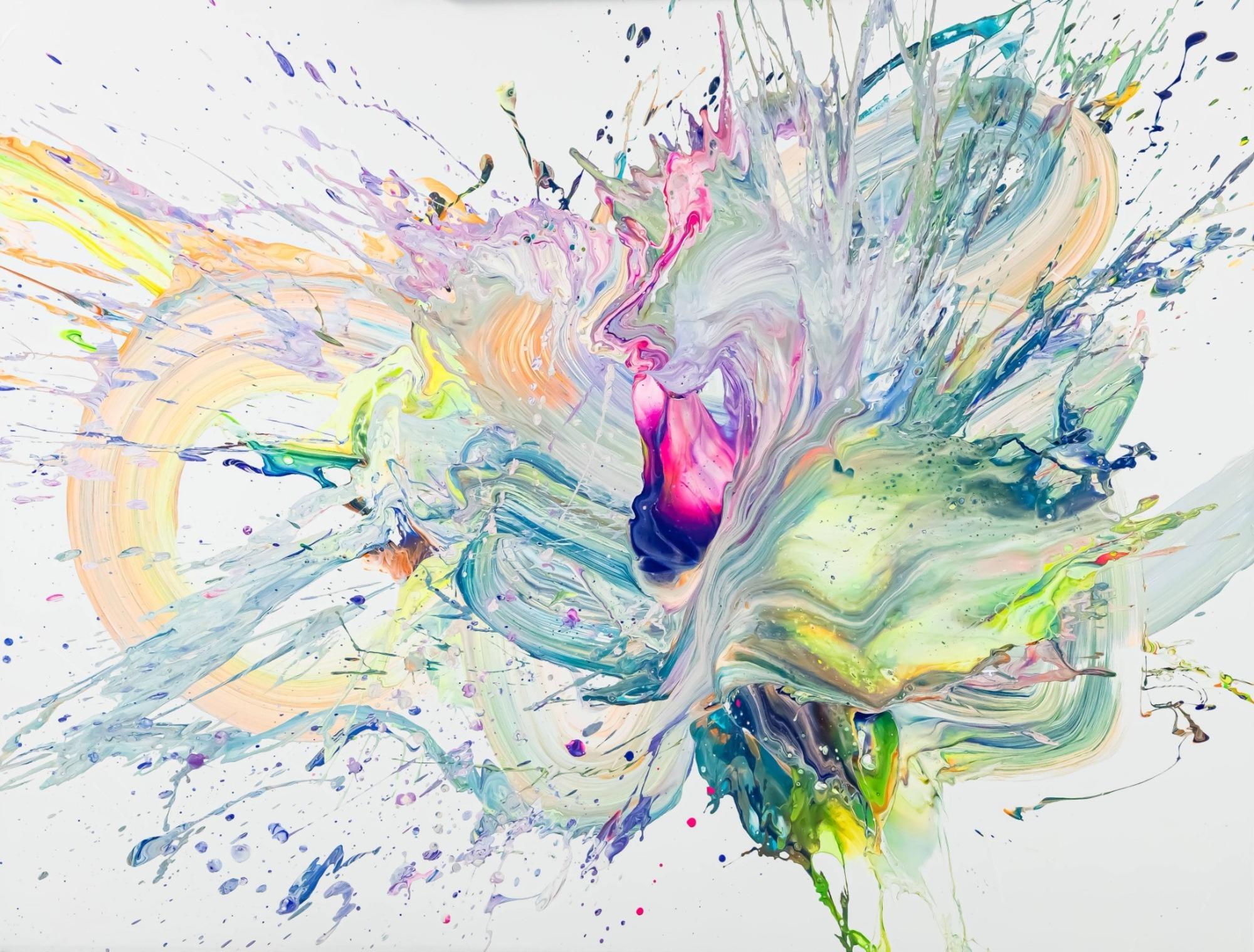 Abstraktes Original Gemälde 100x130cm Action Painting Moderne Kunst handgemalt Fluid Painting weiß hellgrün beige hochwertig