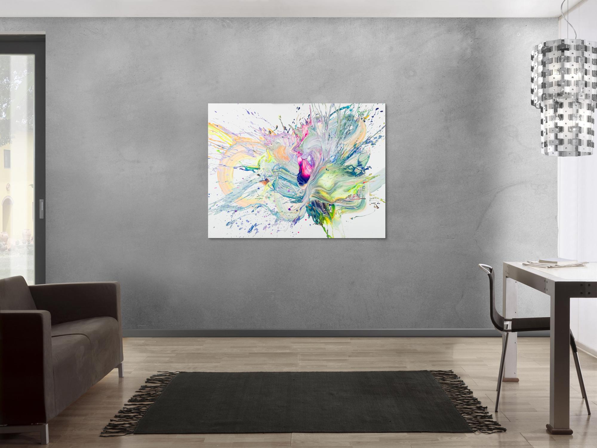 Abstraktes Original Gemälde 100x130cm Action Painting Moderne Kunst handgemalt Fluid Painting weiß hellgrün beige hochwertig