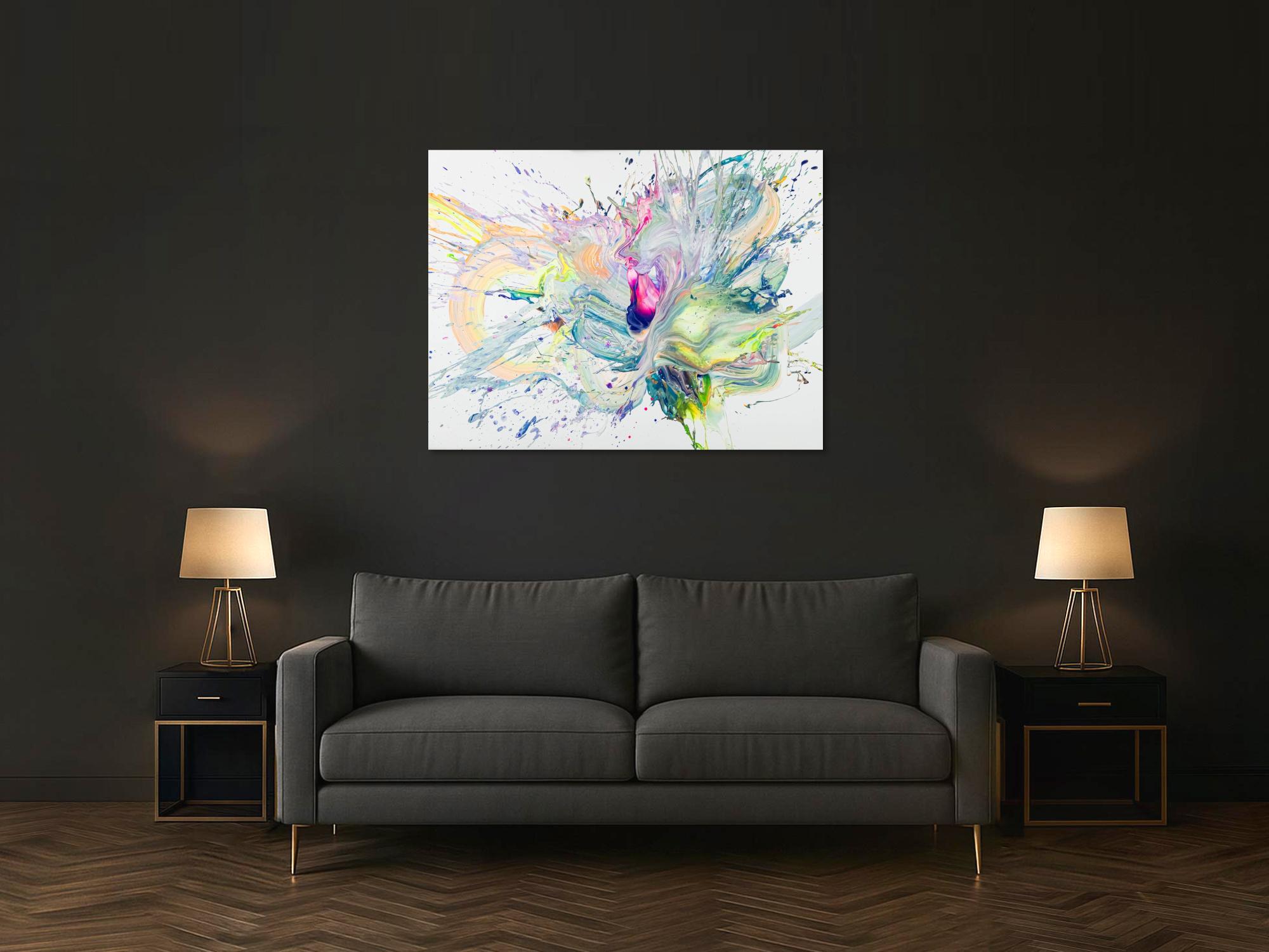 Abstraktes Original Gemälde 100x130cm Action Painting Moderne Kunst handgemalt Fluid Painting weiß hellgrün beige hochwertig