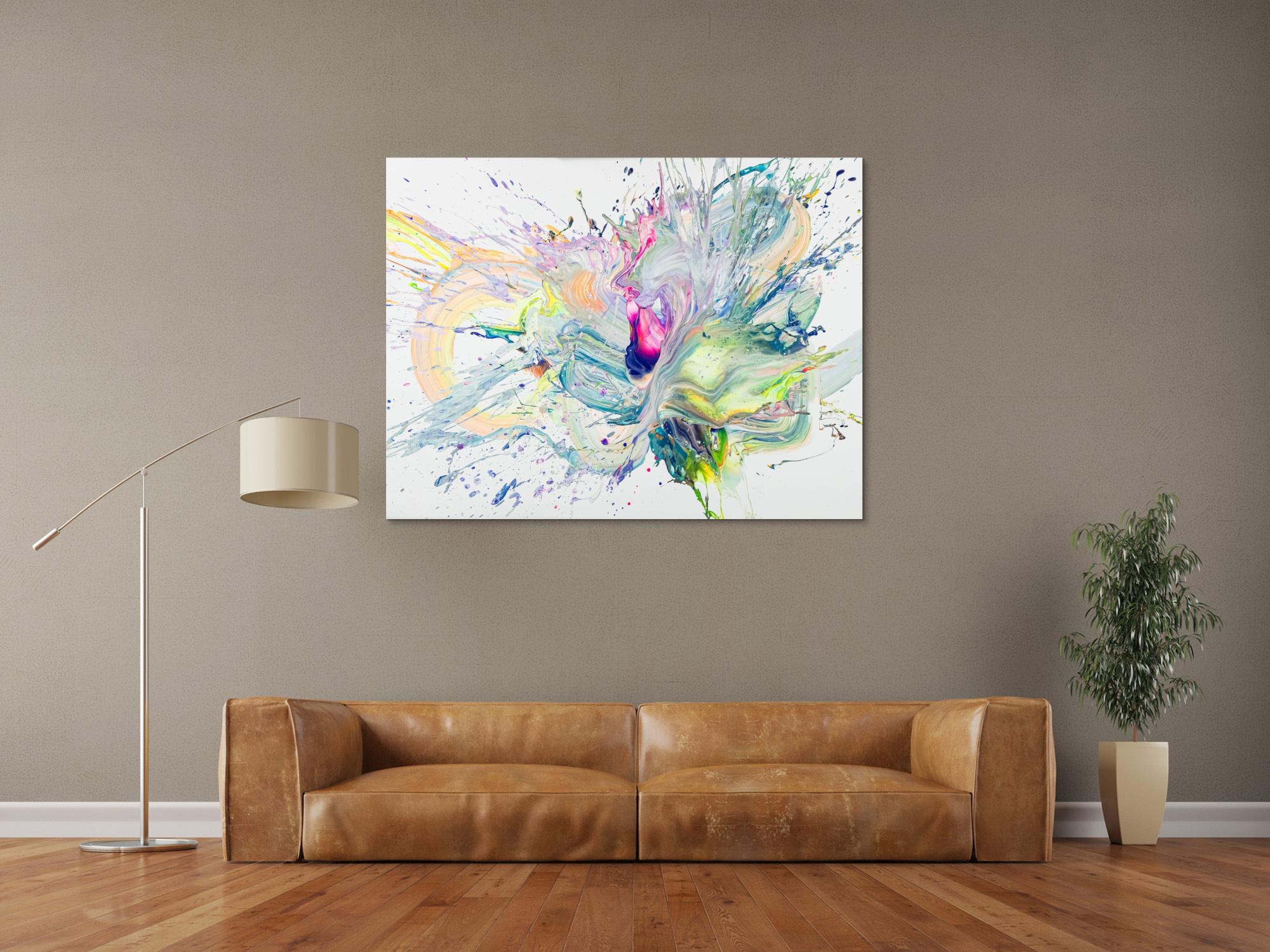 Abstraktes Original Gemälde 100x130cm Action Painting Moderne Kunst handgemalt Fluid Painting weiß hellgrün beige hochwertig