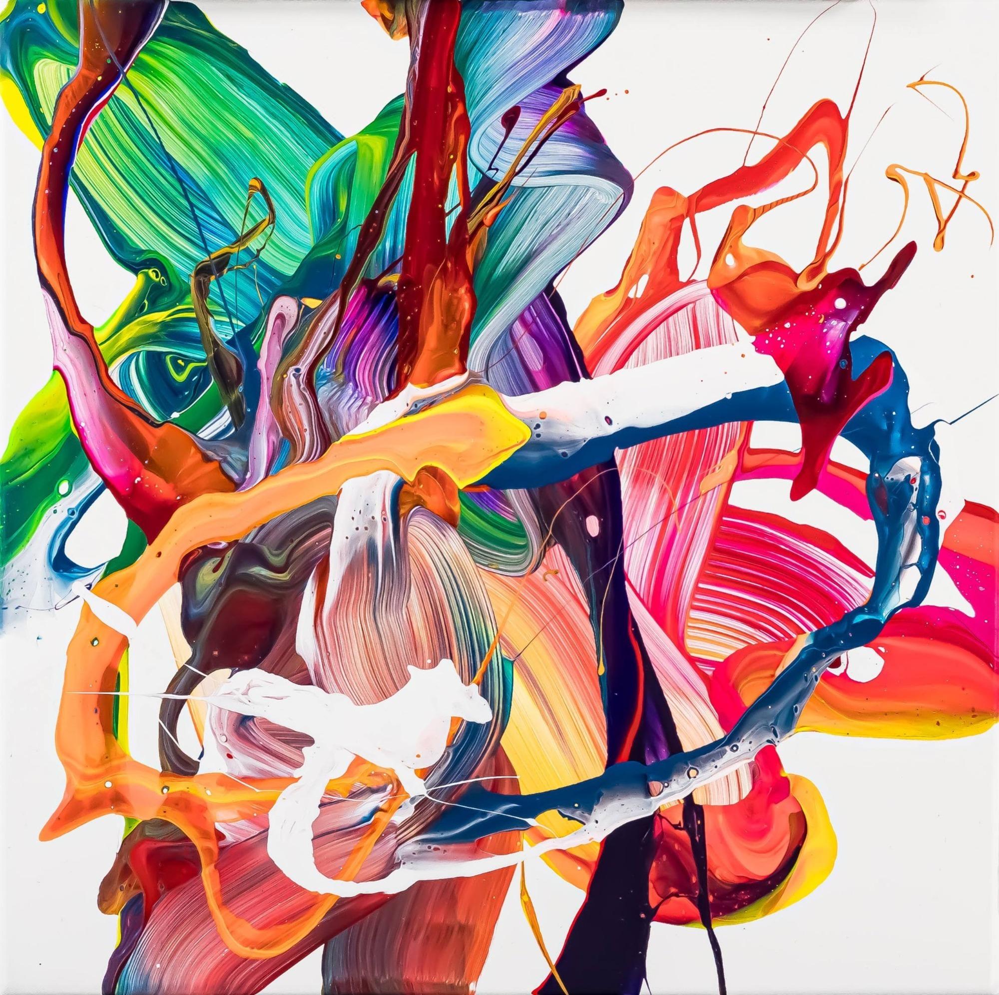 Gemälde Original abstrakt 60x60cm Action Painting Moderne Kunst auf Leinwand Mischtechnik bunt weiß rot einzigartig