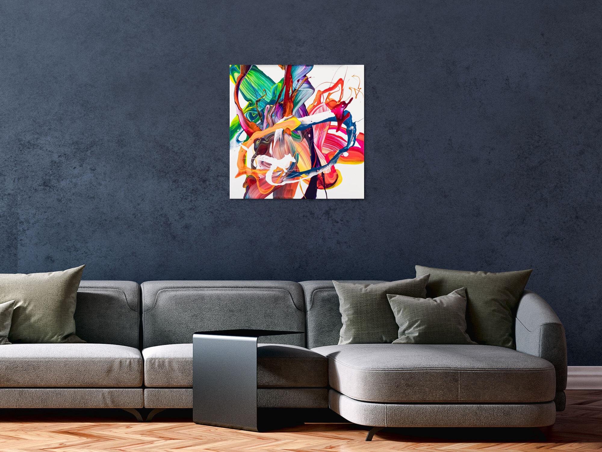 Gemälde Original abstrakt 60x60cm Action Painting Moderne Kunst auf Leinwand Mischtechnik bunt weiß rot einzigartig