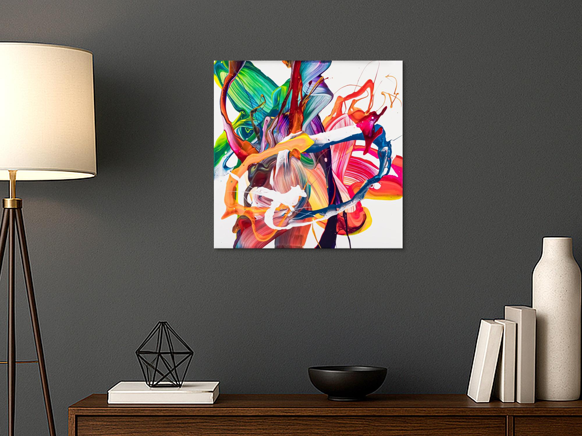 Gemälde Original abstrakt 60x60cm Action Painting Moderne Kunst auf Leinwand Mischtechnik bunt weiß rot einzigartig