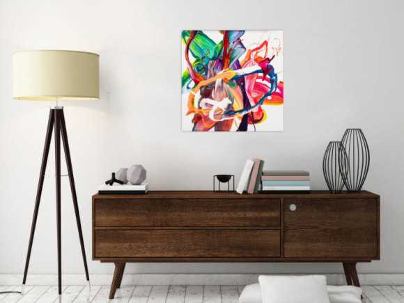 Gemälde Original abstrakt 60x60cm Action Painting Moderne Kunst auf Leinwand Mischtechnik bunt weiß rot einzigartig