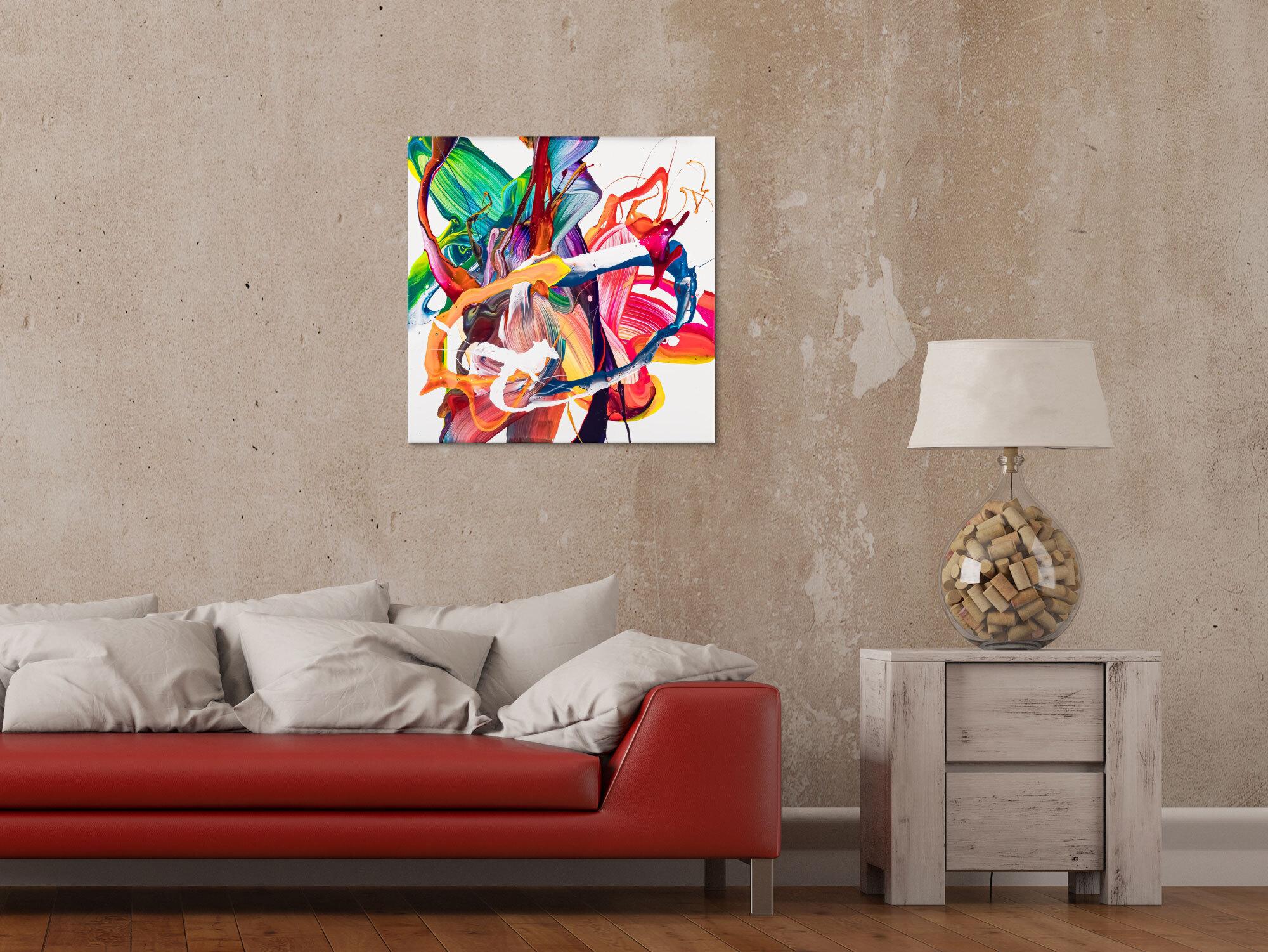 Gemälde Original abstrakt 60x60cm Action Painting Moderne Kunst auf Leinwand Mischtechnik bunt weiß rot einzigartig