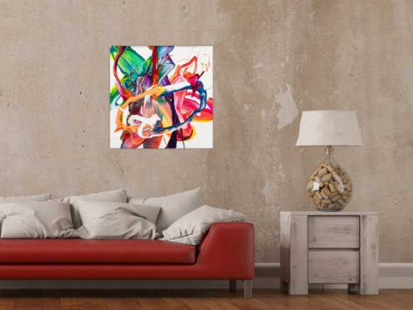 Gemälde Original abstrakt 60x60cm Action Painting Moderne Kunst auf Leinwand Mischtechnik bunt weiß rot einzigartig