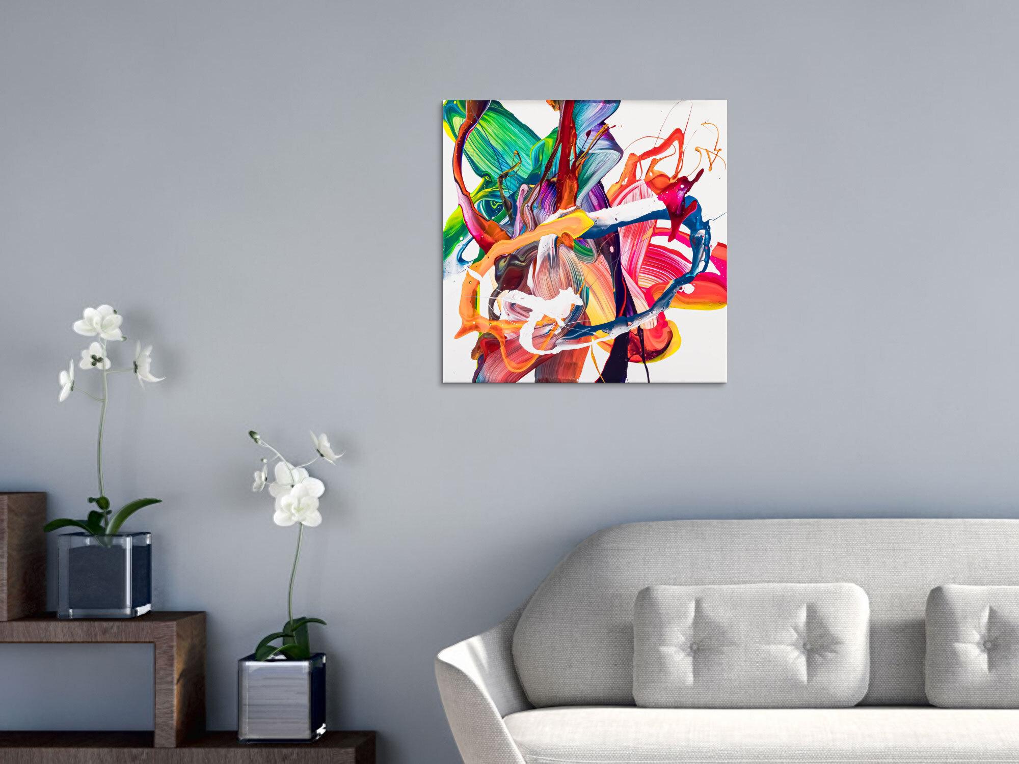 Gemälde Original abstrakt 60x60cm Action Painting Moderne Kunst auf Leinwand Mischtechnik bunt weiß rot einzigartig