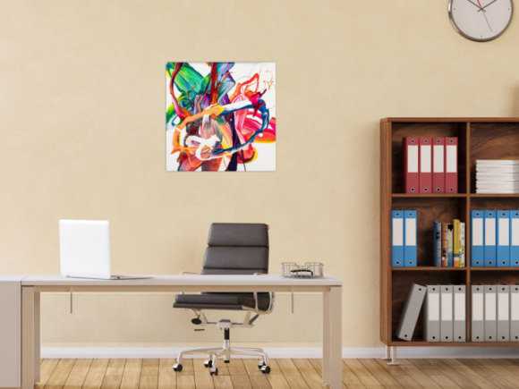 Gemälde Original abstrakt 60x60cm Action Painting Moderne Kunst auf Leinwand Mischtechnik bunt weiß rot einzigartig