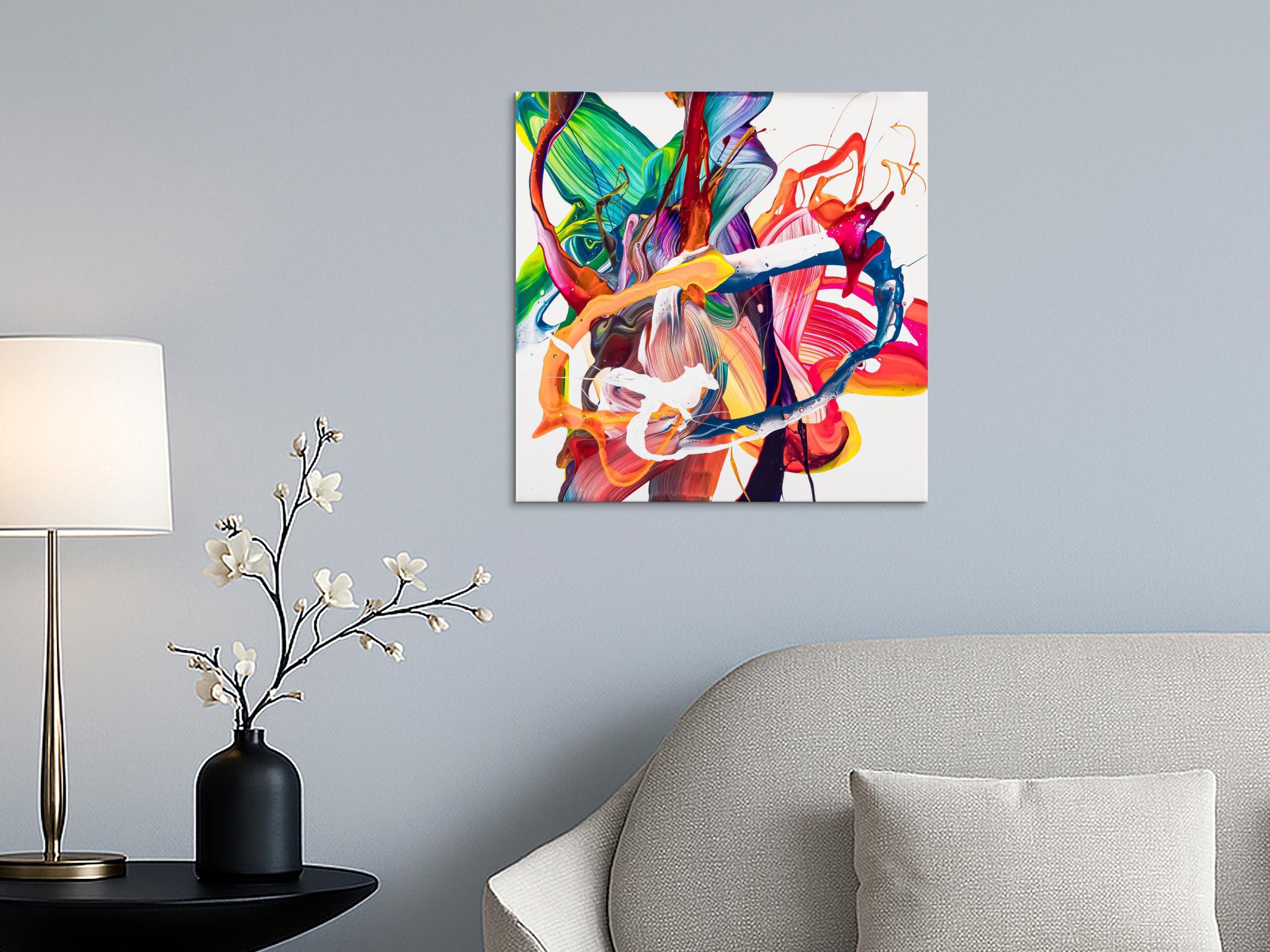 Gemälde Original abstrakt 60x60cm Action Painting Moderne Kunst auf Leinwand Mischtechnik bunt weiß rot einzigartig