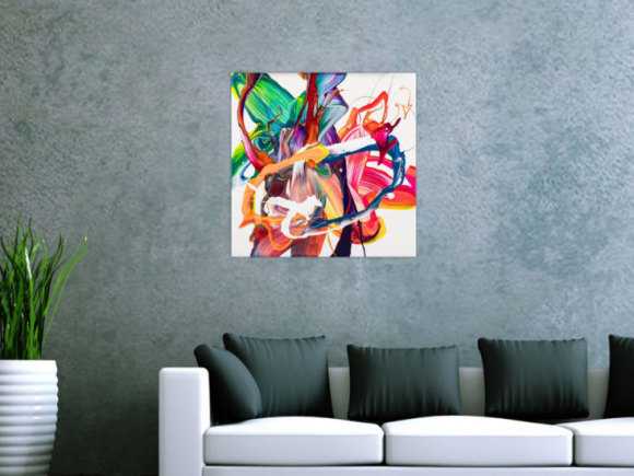 Gemälde Original abstrakt 60x60cm Action Painting Moderne Kunst auf Leinwand Mischtechnik bunt weiß rot einzigartig