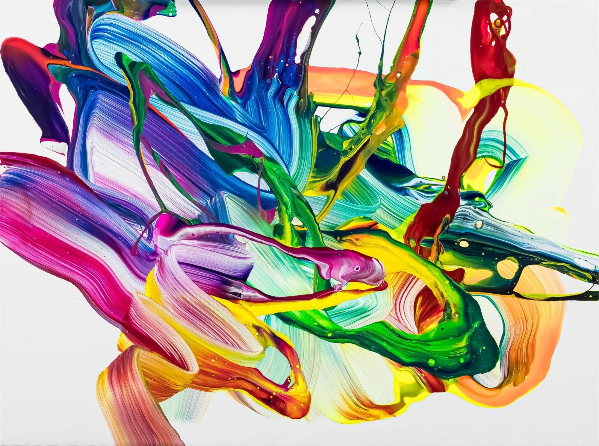 Abstraktes Original Gemälde 60x80cm Action Painting Moderne Kunst handgemalt Fluid Painting bunt weiß hellgrün hochwertig