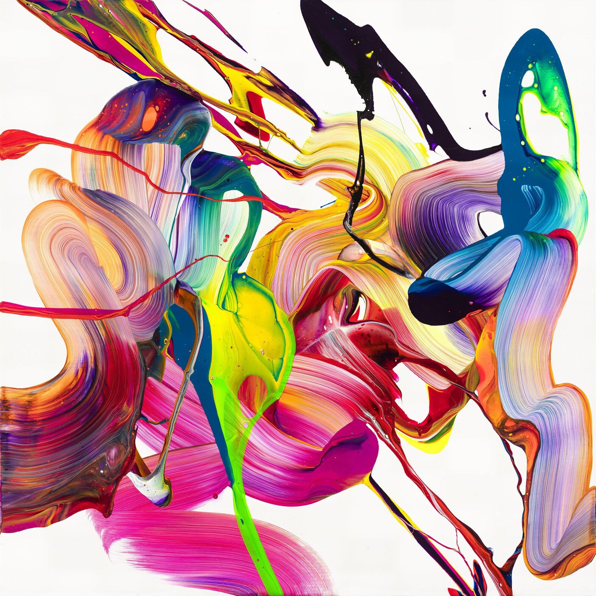 Original Gemälde abstrakt 80x80cm Action Painting Modern Art auf Leinwand Mischtechnik bunt weiß pink hochwertig