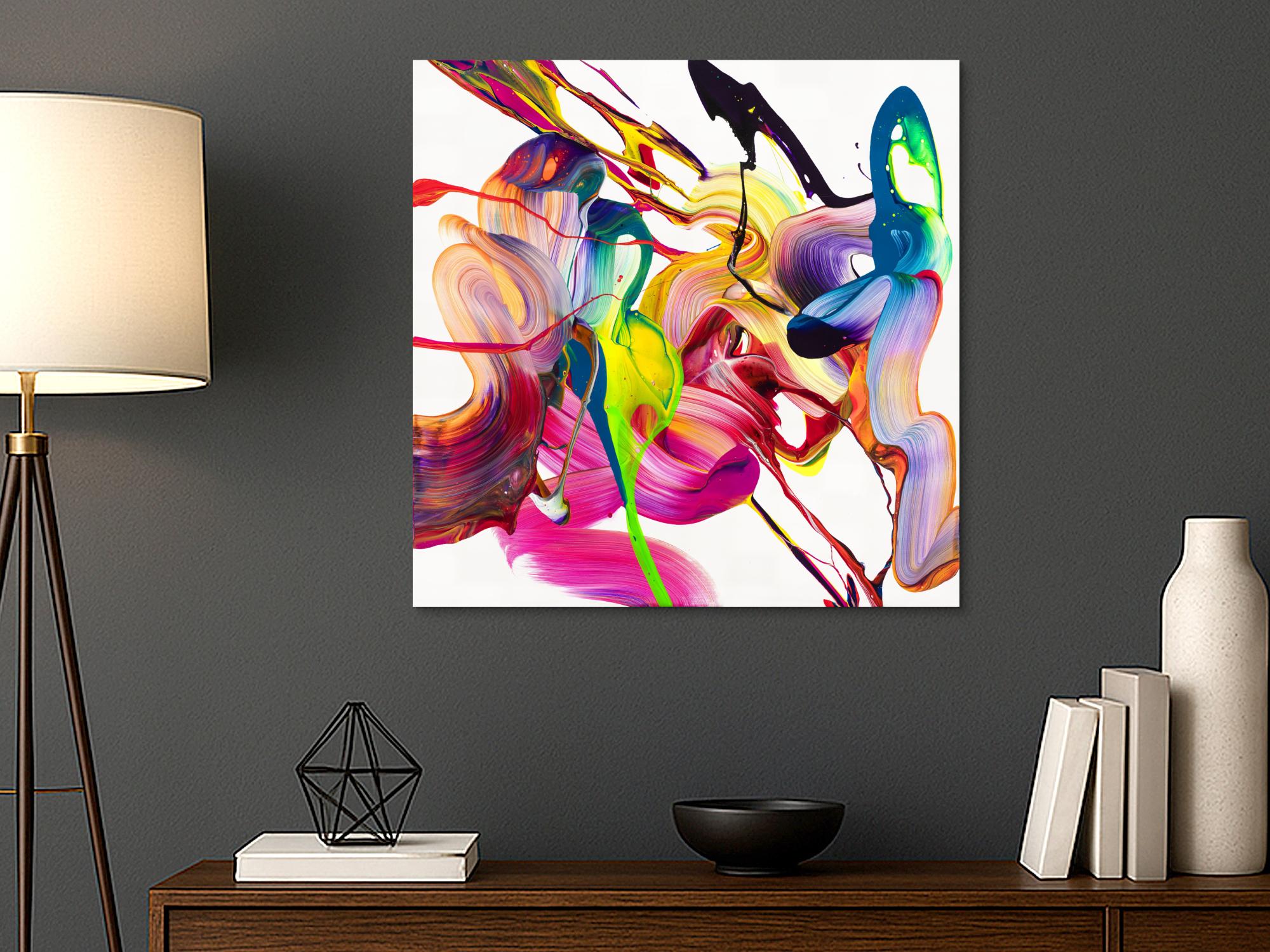 Original Gemälde abstrakt 80x80cm Action Painting Modern Art auf Leinwand Mischtechnik bunt weiß pink hochwertig