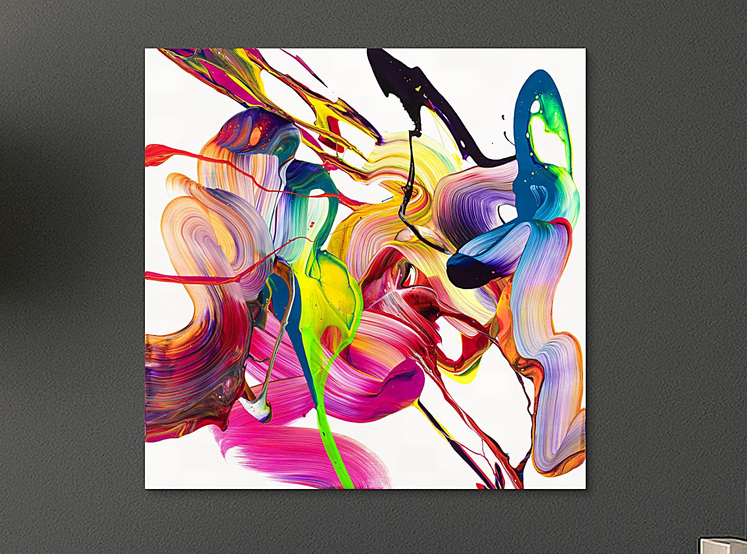 Original Gemälde abstrakt 80x80cm Action Painting Modern Art auf Leinwand Mischtechnik bunt weiß pink hochwertig
