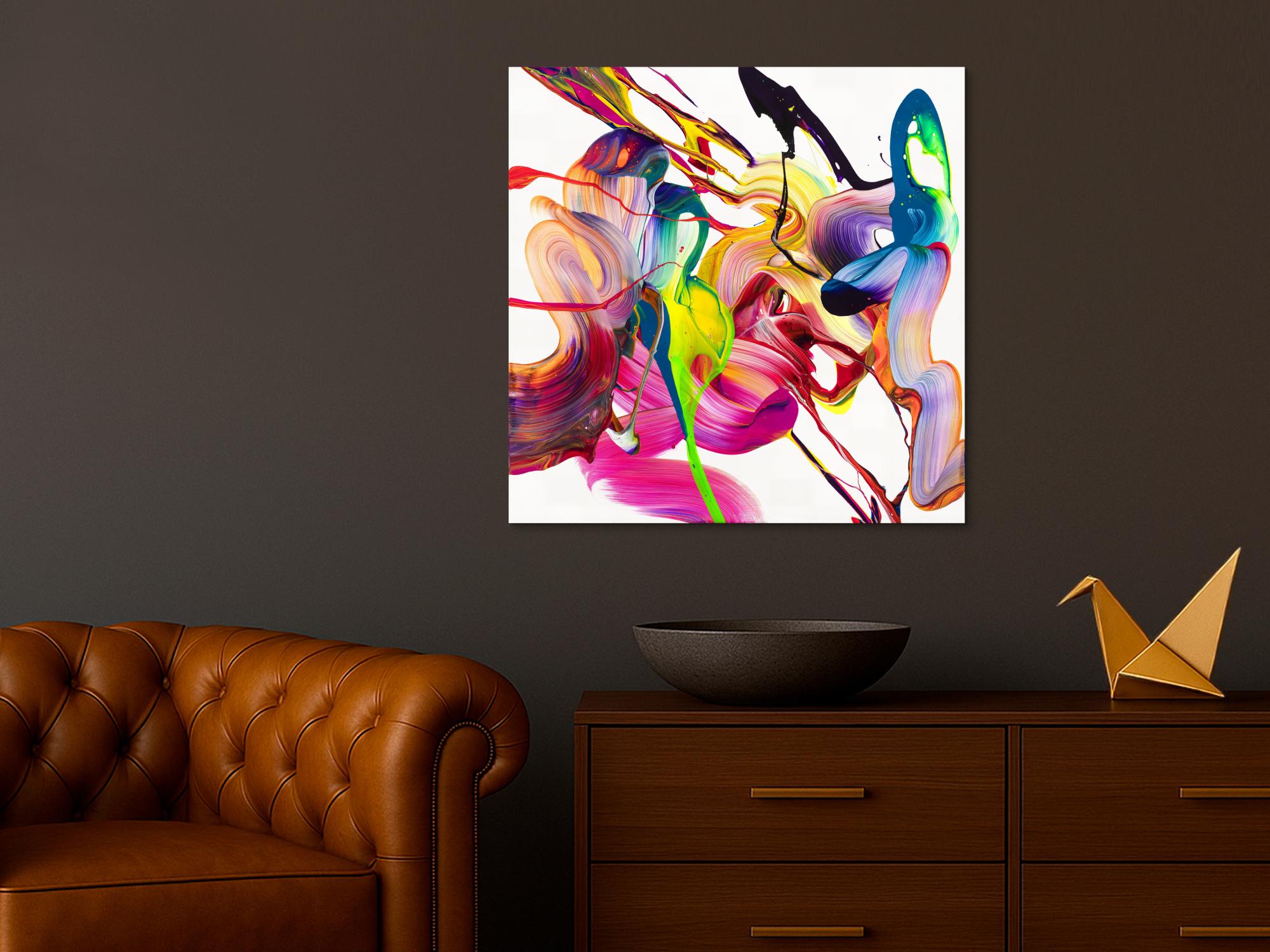 Original Gemälde abstrakt 80x80cm Action Painting Modern Art auf Leinwand Mischtechnik bunt weiß pink hochwertig