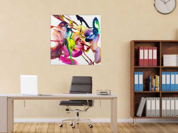 Gemälde Original abstrakt 80x80cm Action Painting Modern Art handgefertigt Mischtechnik bunt weiß pink hochwertig
