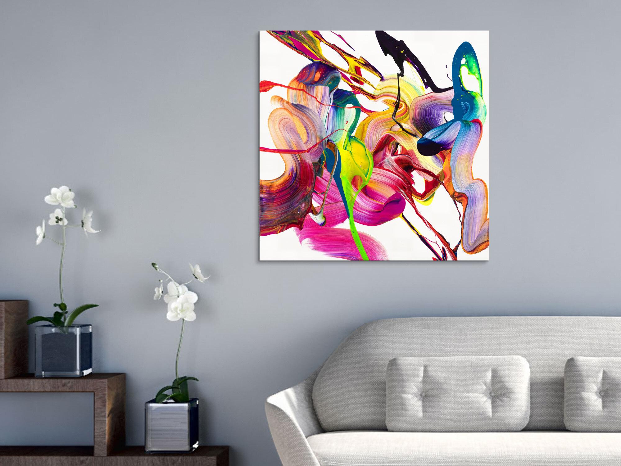 Original Gemälde abstrakt 80x80cm Action Painting Modern Art auf Leinwand Mischtechnik bunt weiß pink hochwertig